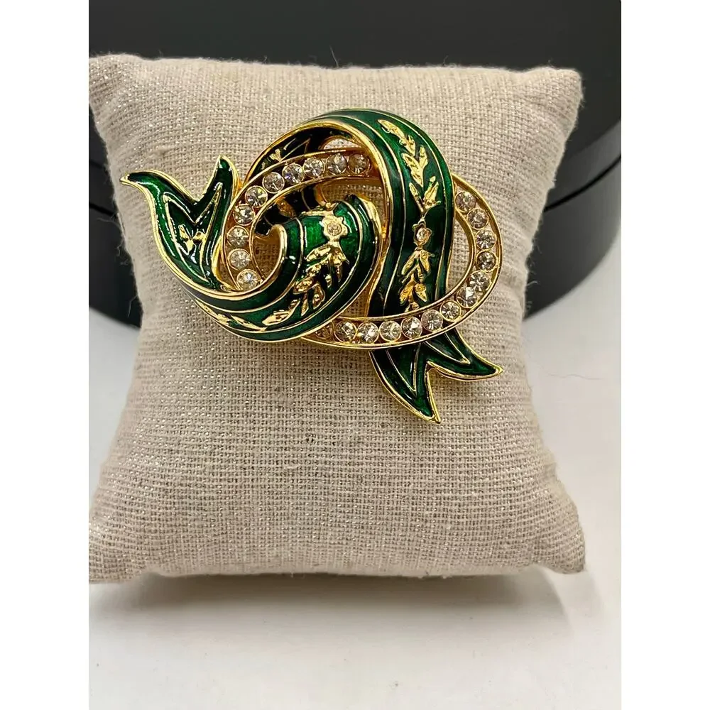 Joan Rivers‎ Signed Vintage Gold Tone Green Enamel Rhinestone Ribbon Brooch
